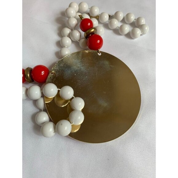 Vintage Red Cream Enameled Medallion Necklace 23 Inch - Picture 9 of 11